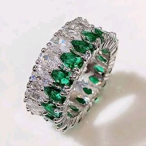 925 Silver Pear Waterdrop Cut Romantic Green And White Cubic Zirconia Ring Sz 8